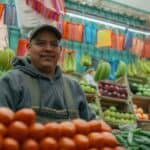 Colorful Mexican market with fresh fruits and vegetables and local vendors.