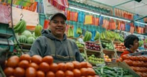 Colorful Mexican market with fresh fruits and vegetables and local vendors.